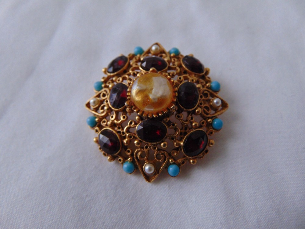 vintage Florenza signed filigree garnet crystals turquoise beads brooch