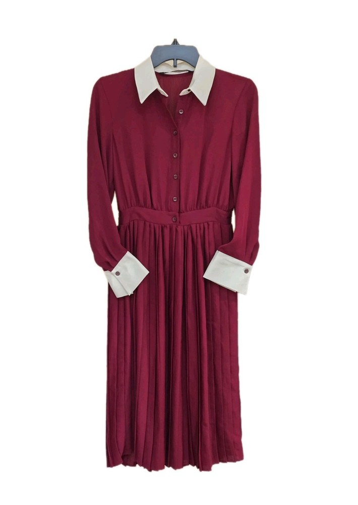 Zara Burgundy Pleated Shirt Dress White Cuffs And Collar Button Front