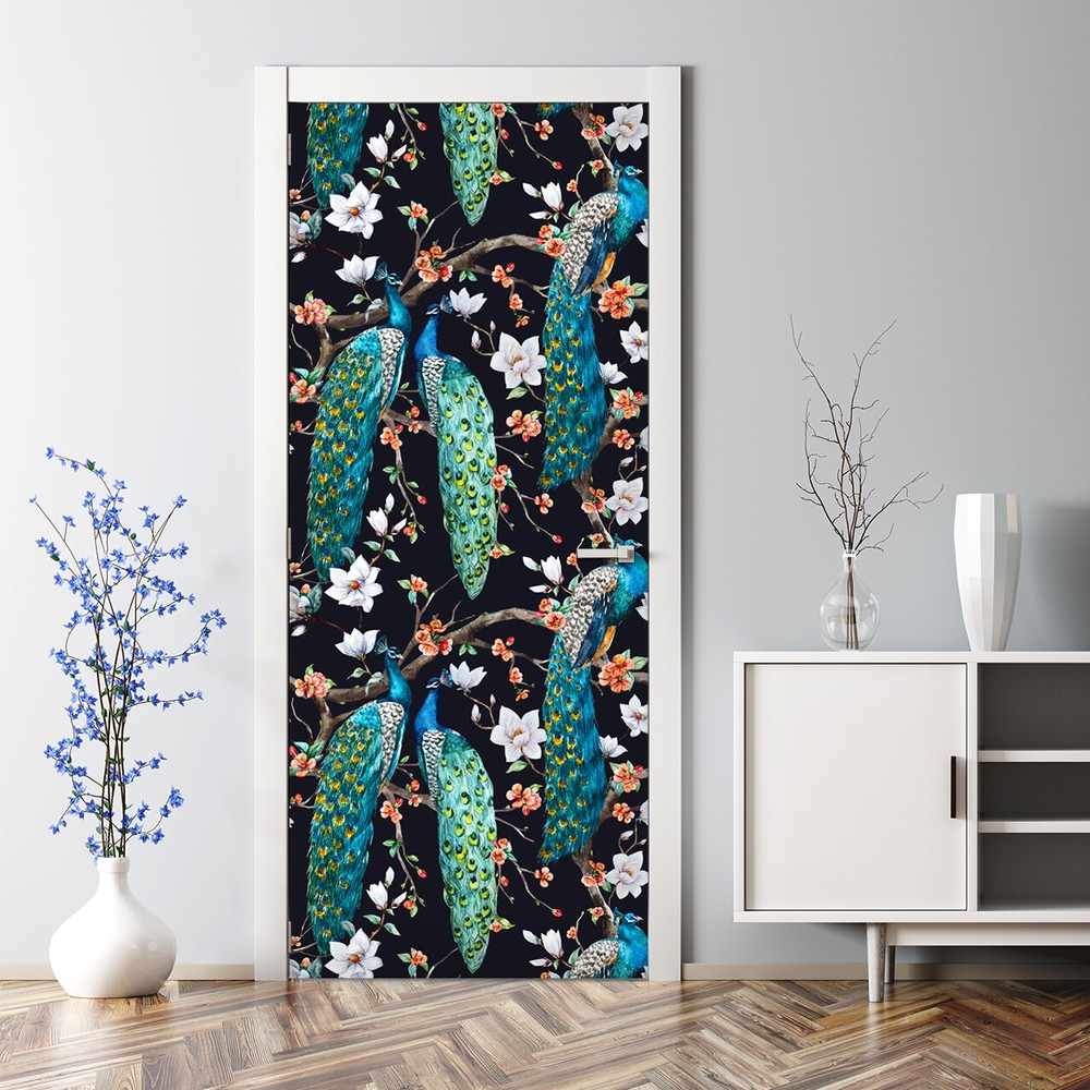 Peacock Birds Bubble-Free Self-Adhesive White Door Mural Sticker