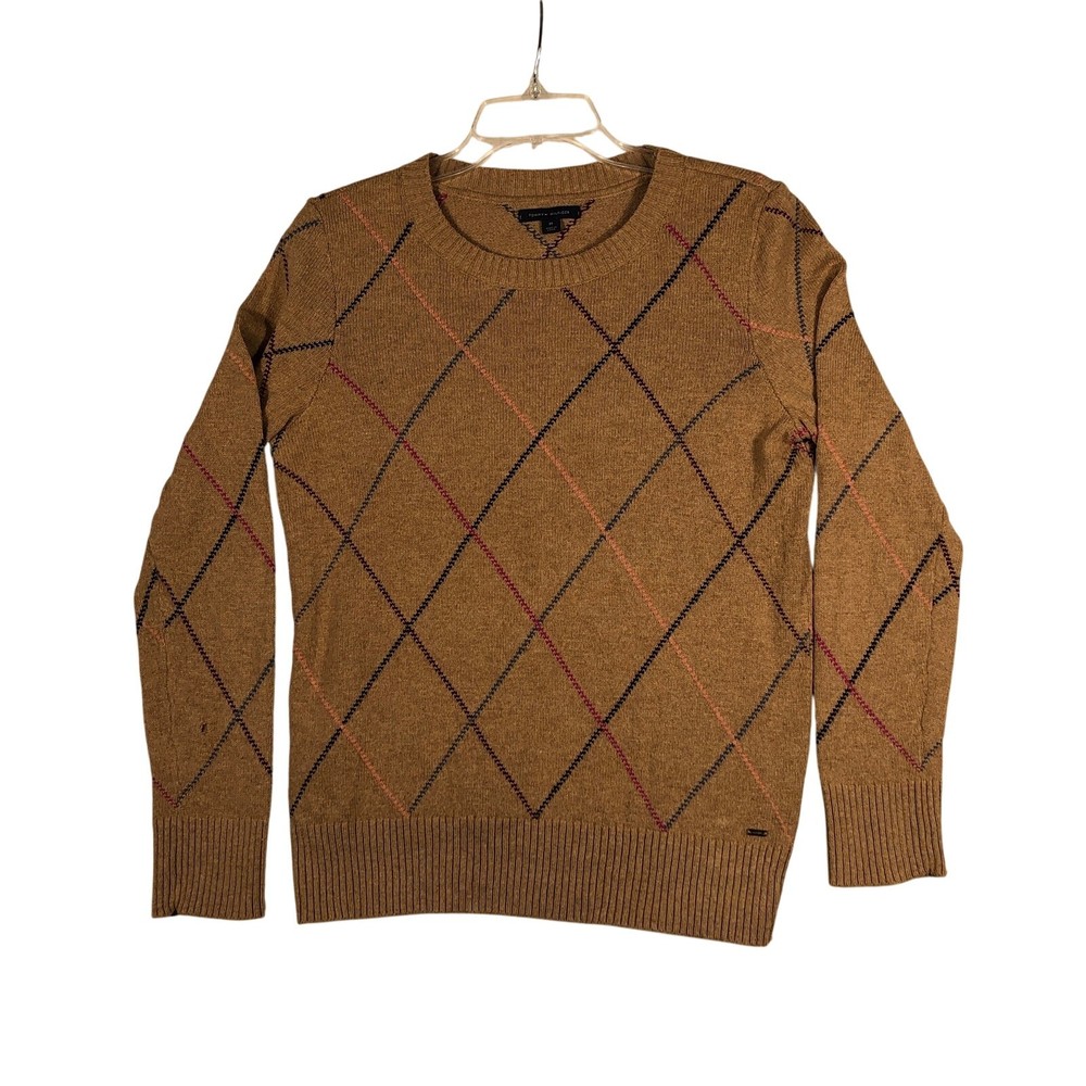 Tommy Hilfiger Mens Sweater Argyle Crewneck Brown Wool/Cotton Blend Distressed