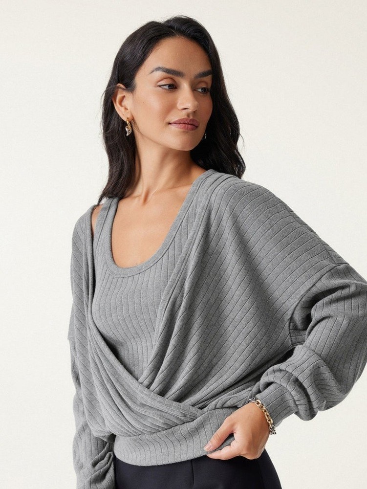 NWT OGL Wide Rib Surplice Top Long Sleeve V Neck Heather Gray Size Small Wrap