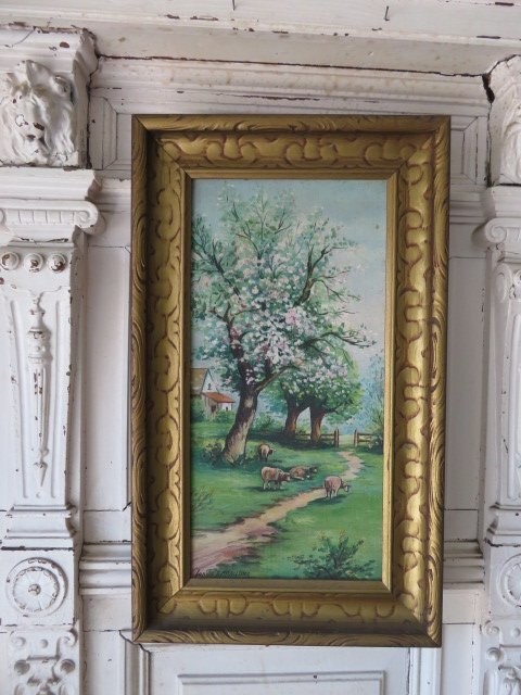 Old Vintage OIL PAINTING White SHEEP Flowering Trees Farmhouse Country FRAMED