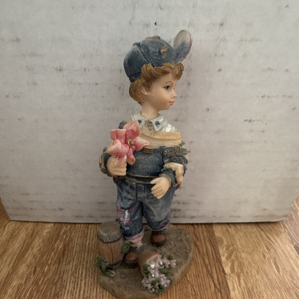 Resin Boy Figurine Holding Pink Flower Painted People Theme Blue Hat Overalls