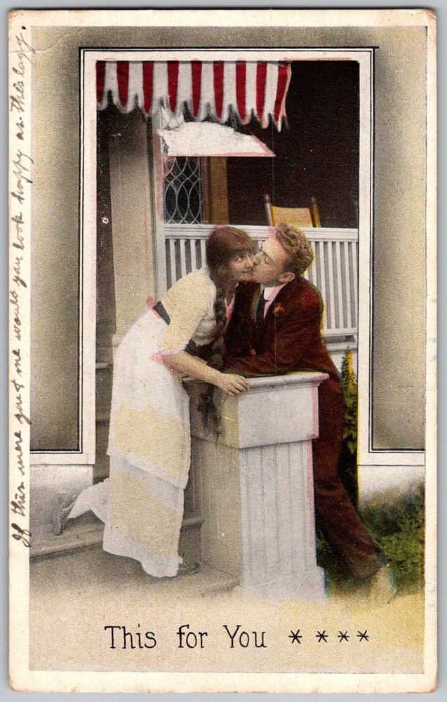 Antique Postcard Kissing Couple Porch 1910s