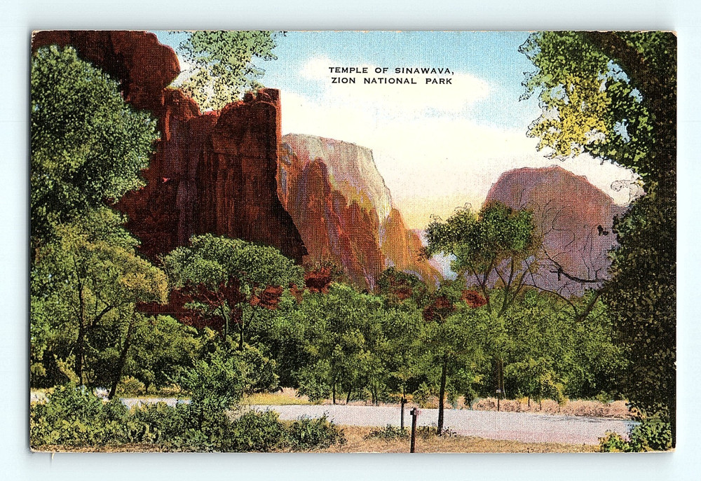 c1940s Temple of Sinawava Zion National Park Amphitheatre Utah Linen Postcard G8