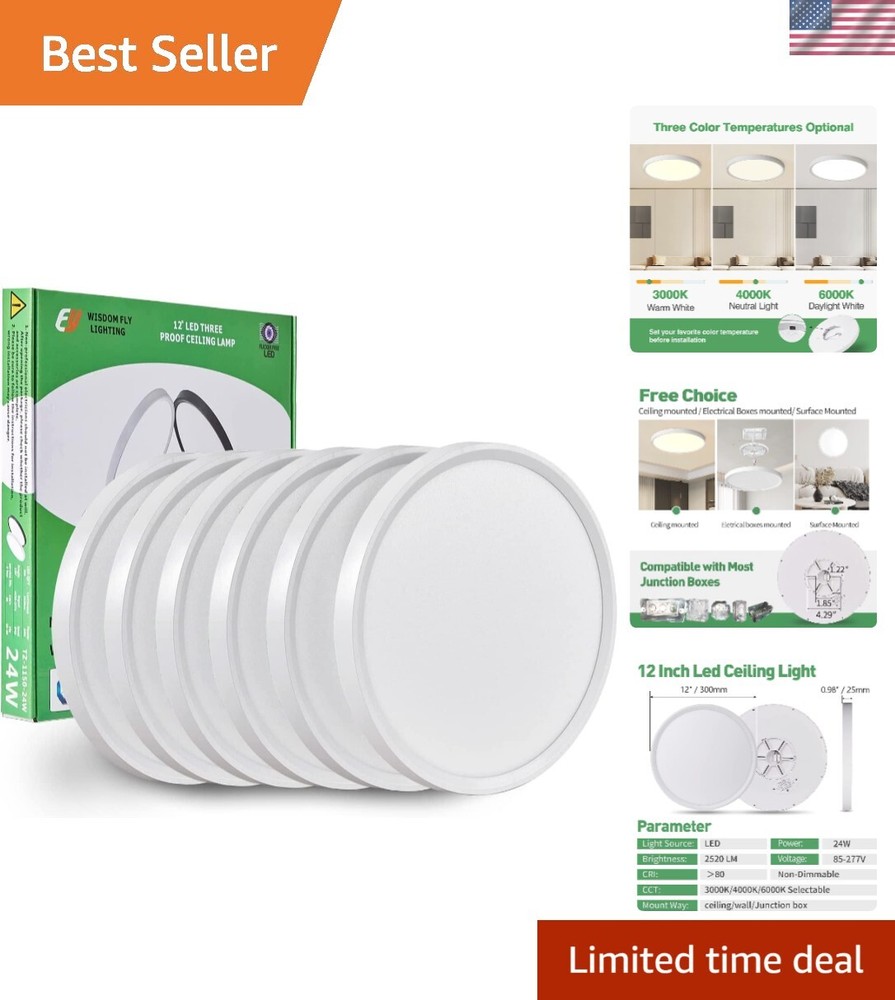 6PK 12 Inch LED Flush Mount Ceiling Light, , 2520LM, 3000K/4000K/6000K CCT Se...