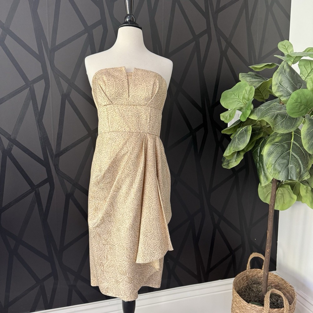 Maggie London Gold Strapless Midi Cocktail Dress Size 6
