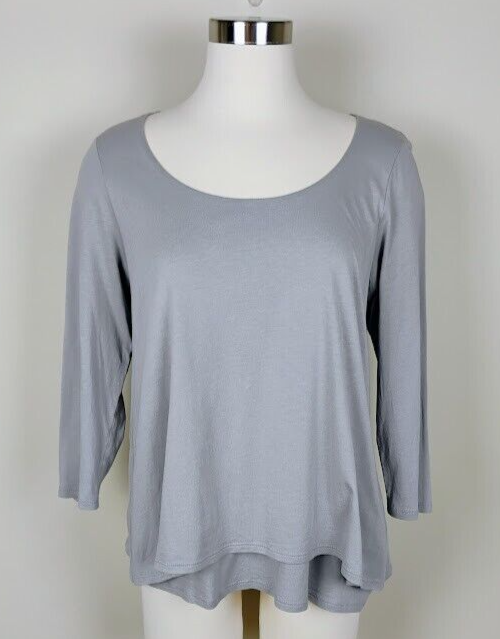 Pure Jill Elliptical Layered Top Gray Size M Scoop Neck High Low Hem 3/4 Sleeves