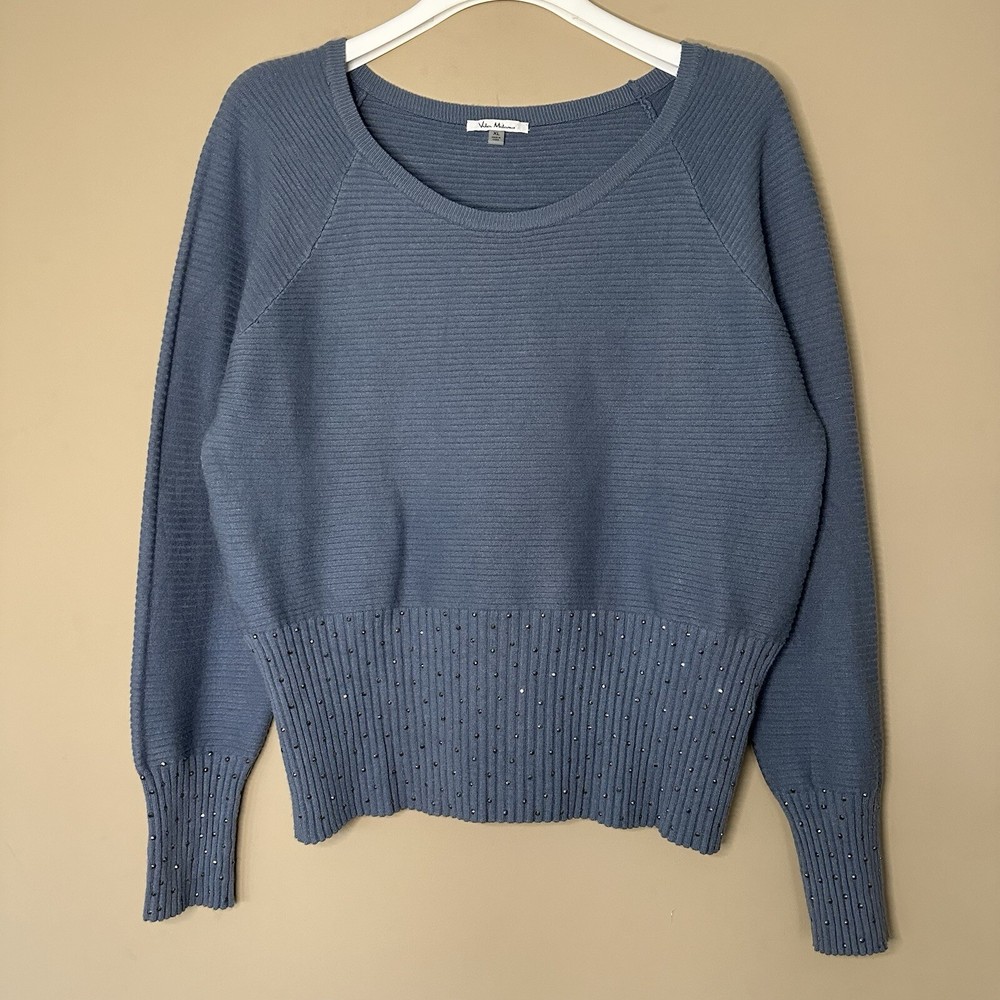 Vila Milano Womens XL Blue Beaded Sparkle Wool Blend Sweater with Soft Ribbed Texture