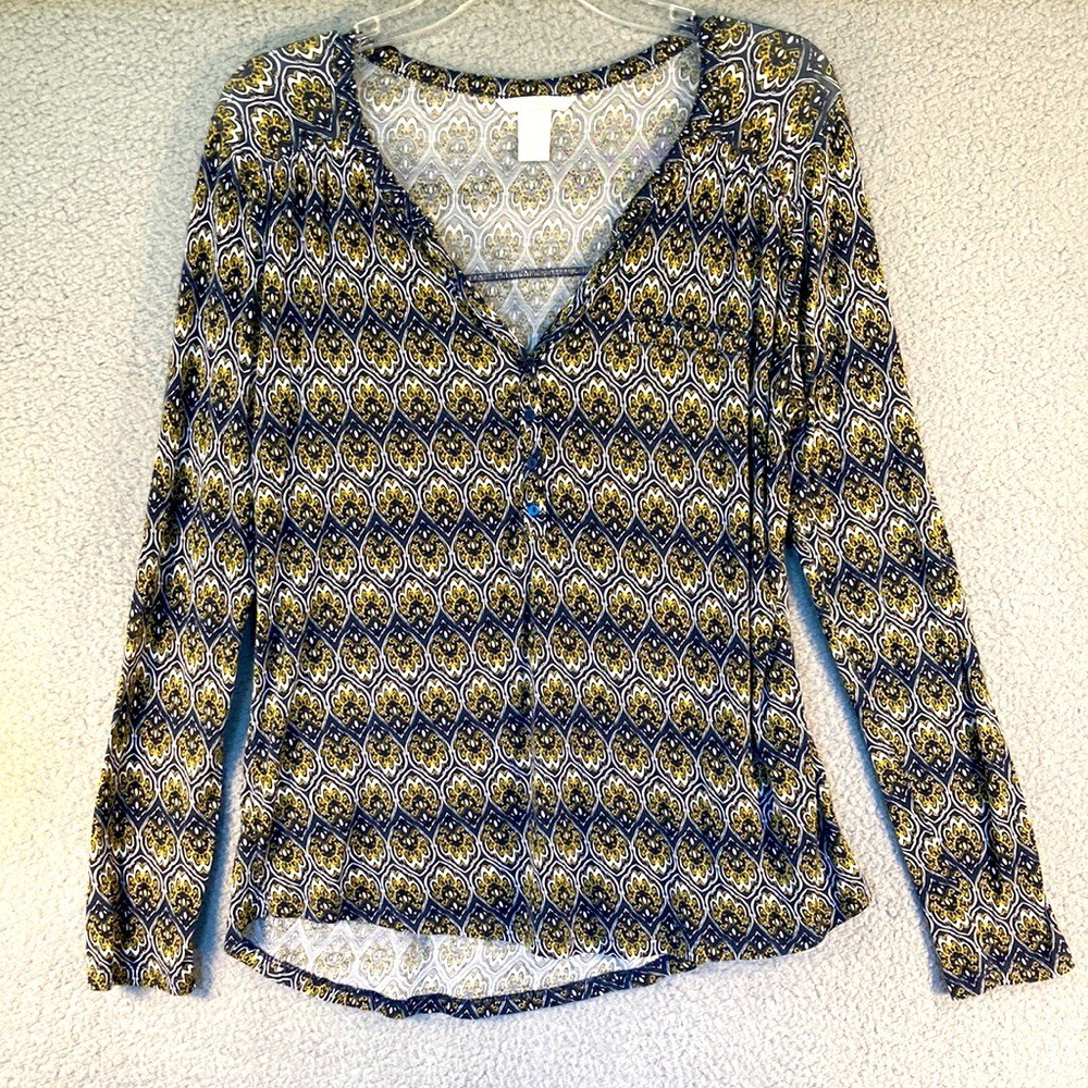 H&M Women's Long Sleeve Stretch Top V Neck Boho Stretch Size Large