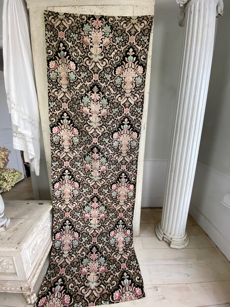 1900 Antique French black fabric floral faded heavy weight upholstery material