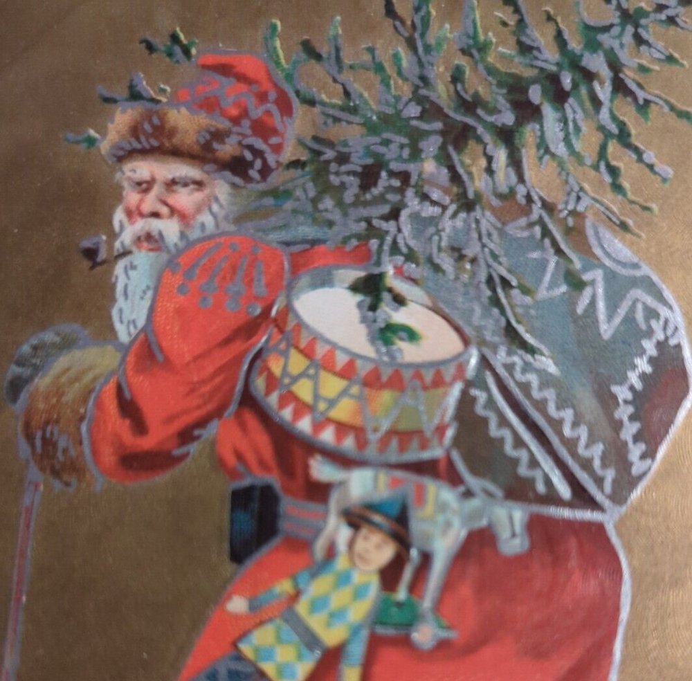 Christmas Greetings Santa Smoking a Pipe w/Sack of Toys & Tree Antique Postcard