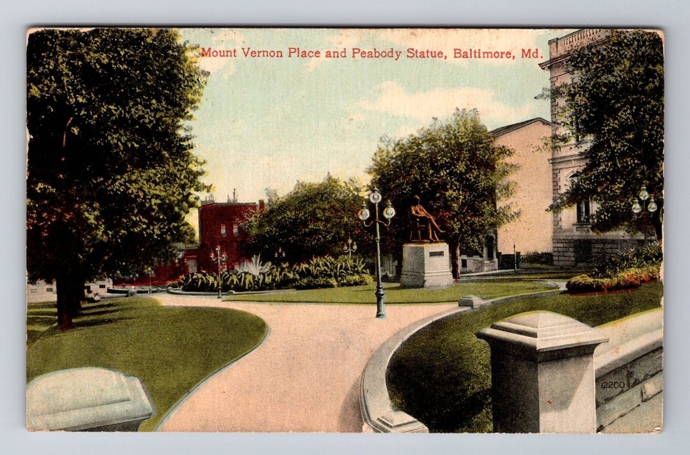Baltimore MD-Maryland, Mount Vernon Place, Peabody Statue, Vintage Postcard
