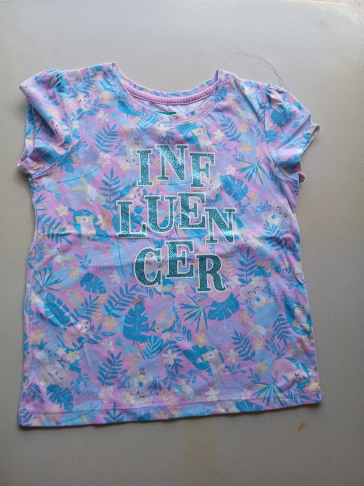 365 Kids from Garanimals Girls 8 Influencer Tropical Graphic Tee Pink Blue Shor…