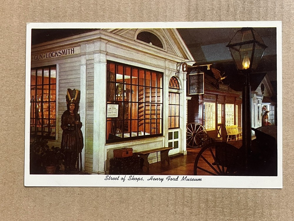 Postcard Dearborn MI Michigan Henry Ford Museum Street of Shops Indian Statue