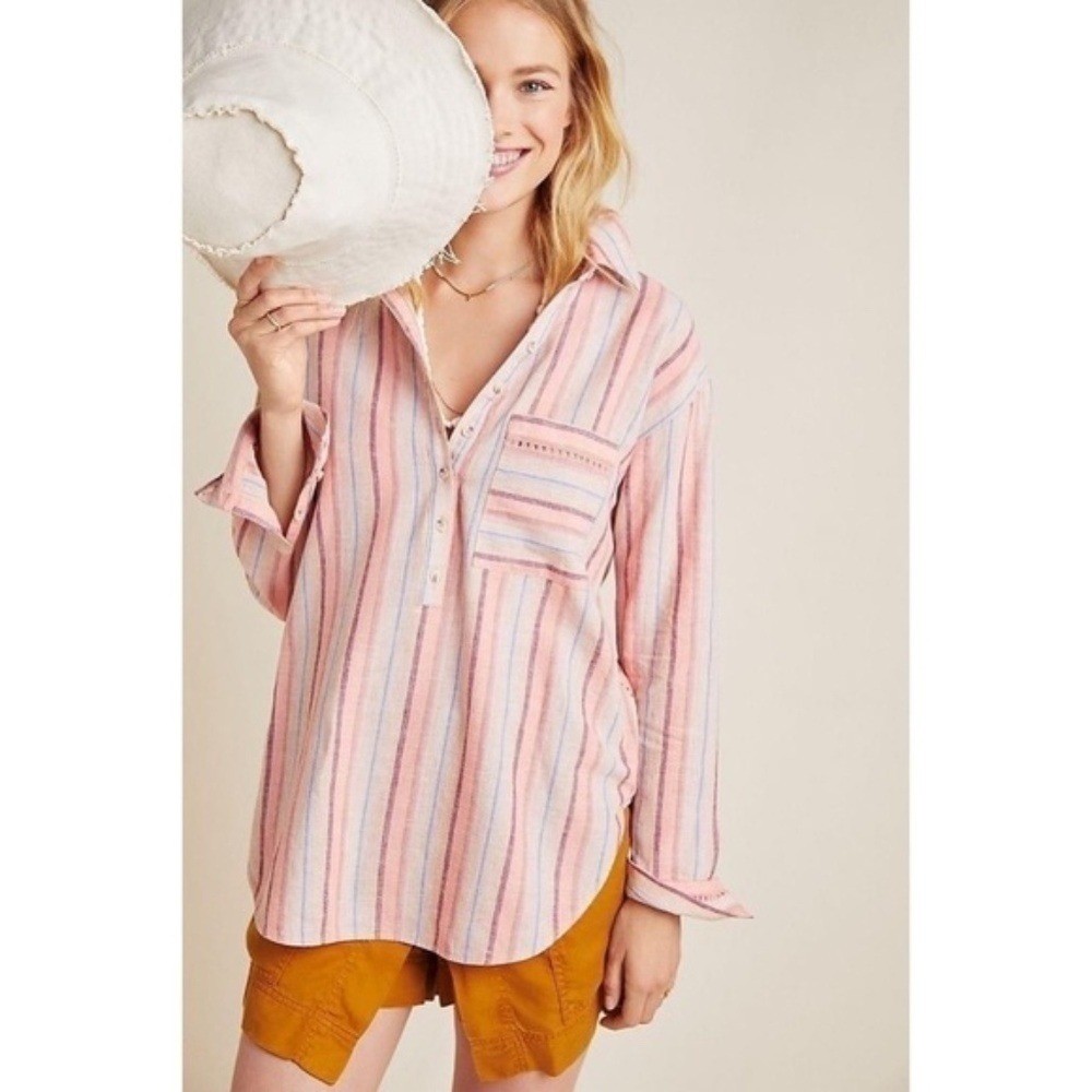 Anthropologie Maeve Striped Linen Blend Shirt Small
