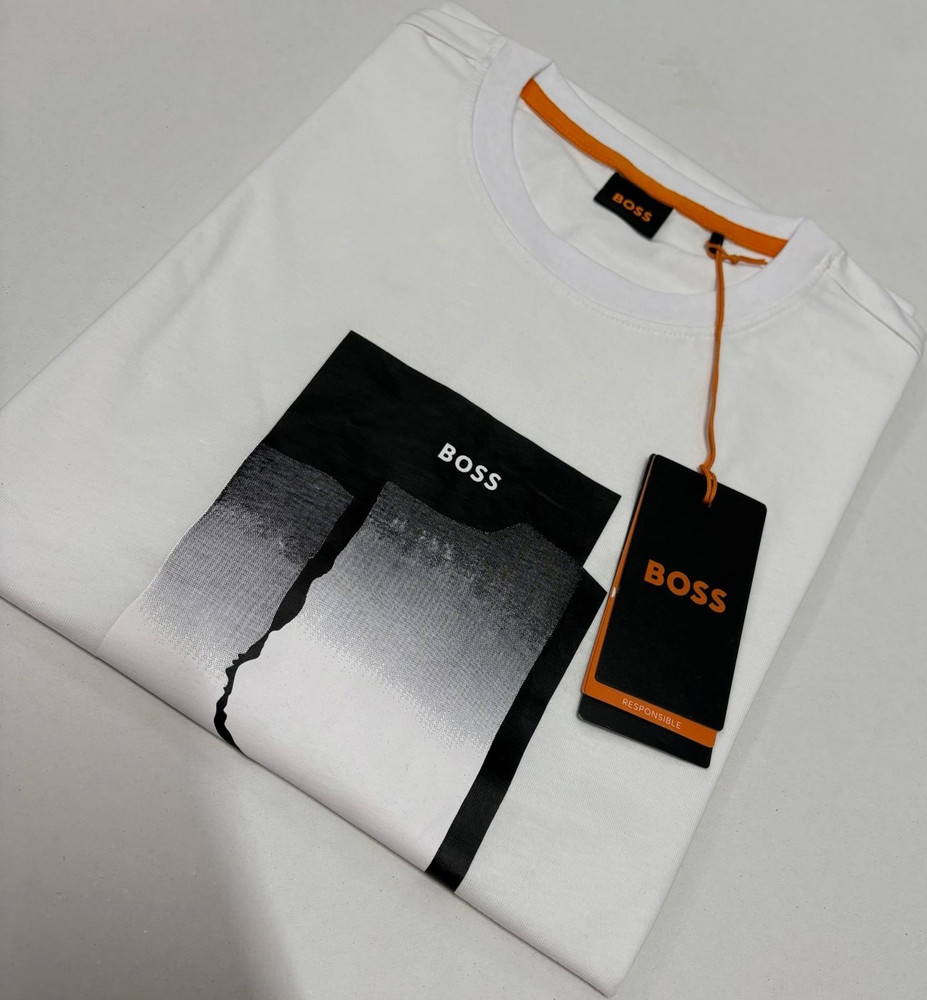 BOSS Men's White Cotton Logo Graphic Print Crew Neck Short Sleeve T-Shirt L