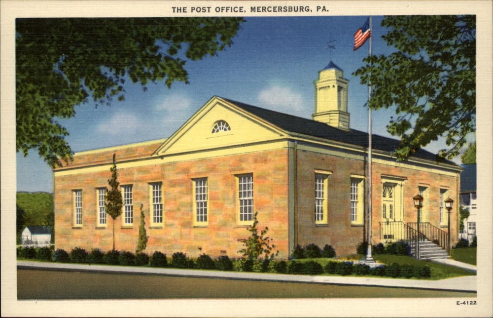 Mercersburg Pennsylvania Post Office flag ~ 1930s linen postcard