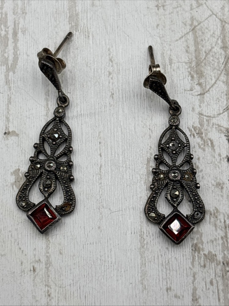 Vintage Art Deco 925 Sterling Silver Garnet and Marcasite Dangle Drop Earrings