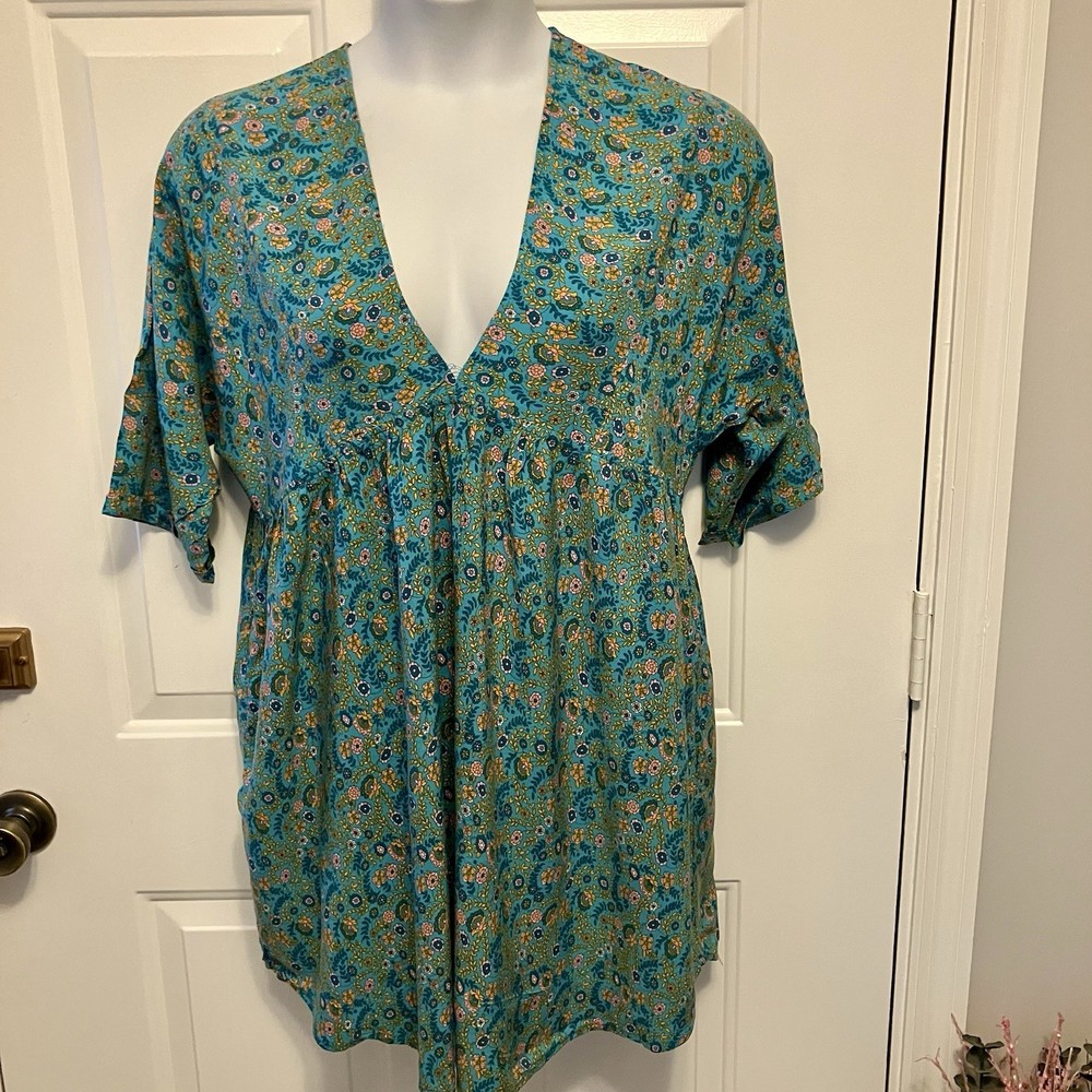 Natural Life Teal Green Pink Size Large Dress/Tunic Shirt Top Boho Floral Womens