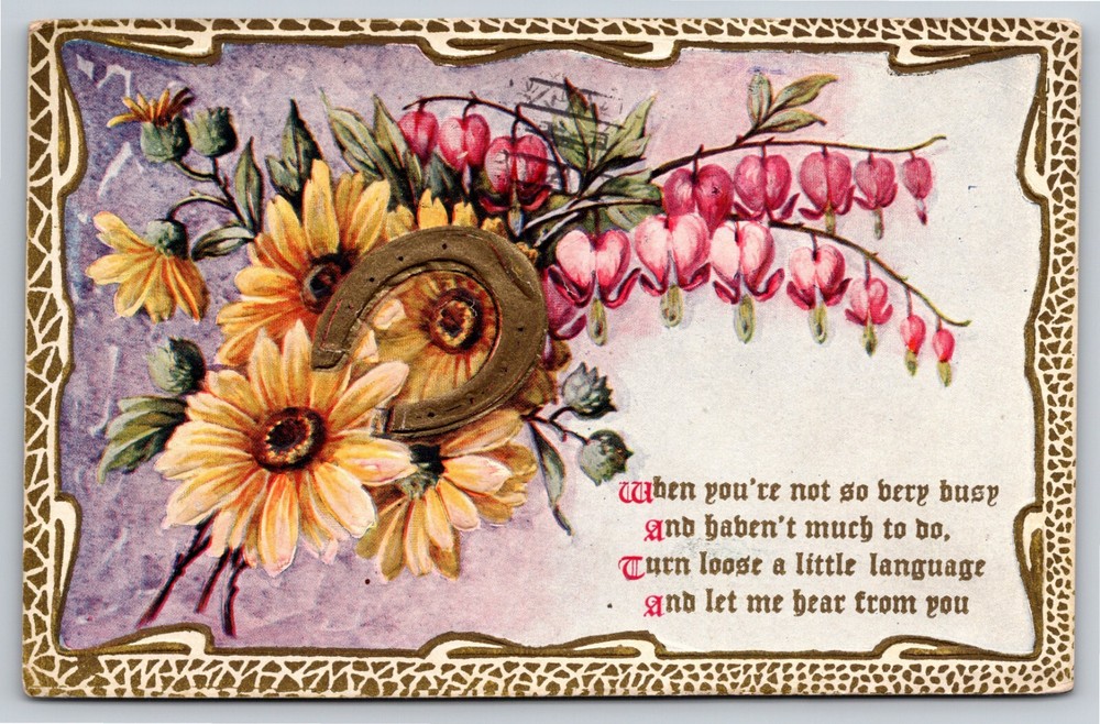 Greetings~Gold Horseshoe W/ Heart Flowers~PM 1911~Embossed~Vintage Postcard