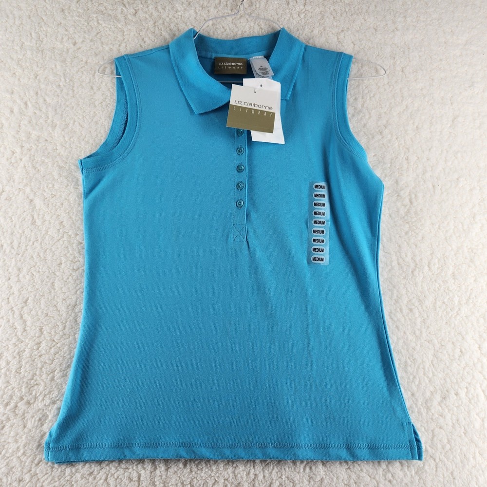 NWT Liz Claiborne Blue Sleeveless Pullover Collared Top Ribbed Stretchy size Med
