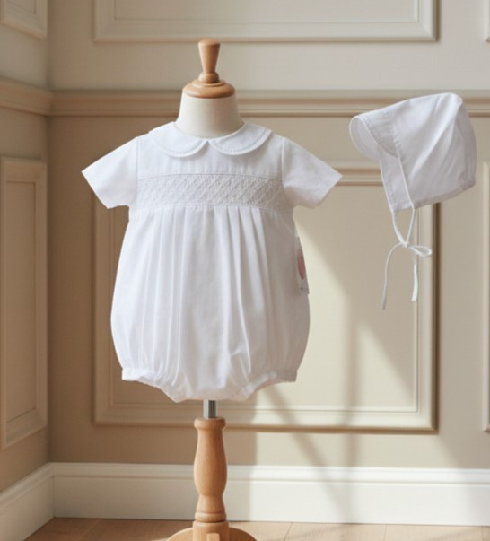 NWT Petit Ami White Smocked 2pc Romper Newborn Hat Baby Boys Bubble NB Creeper