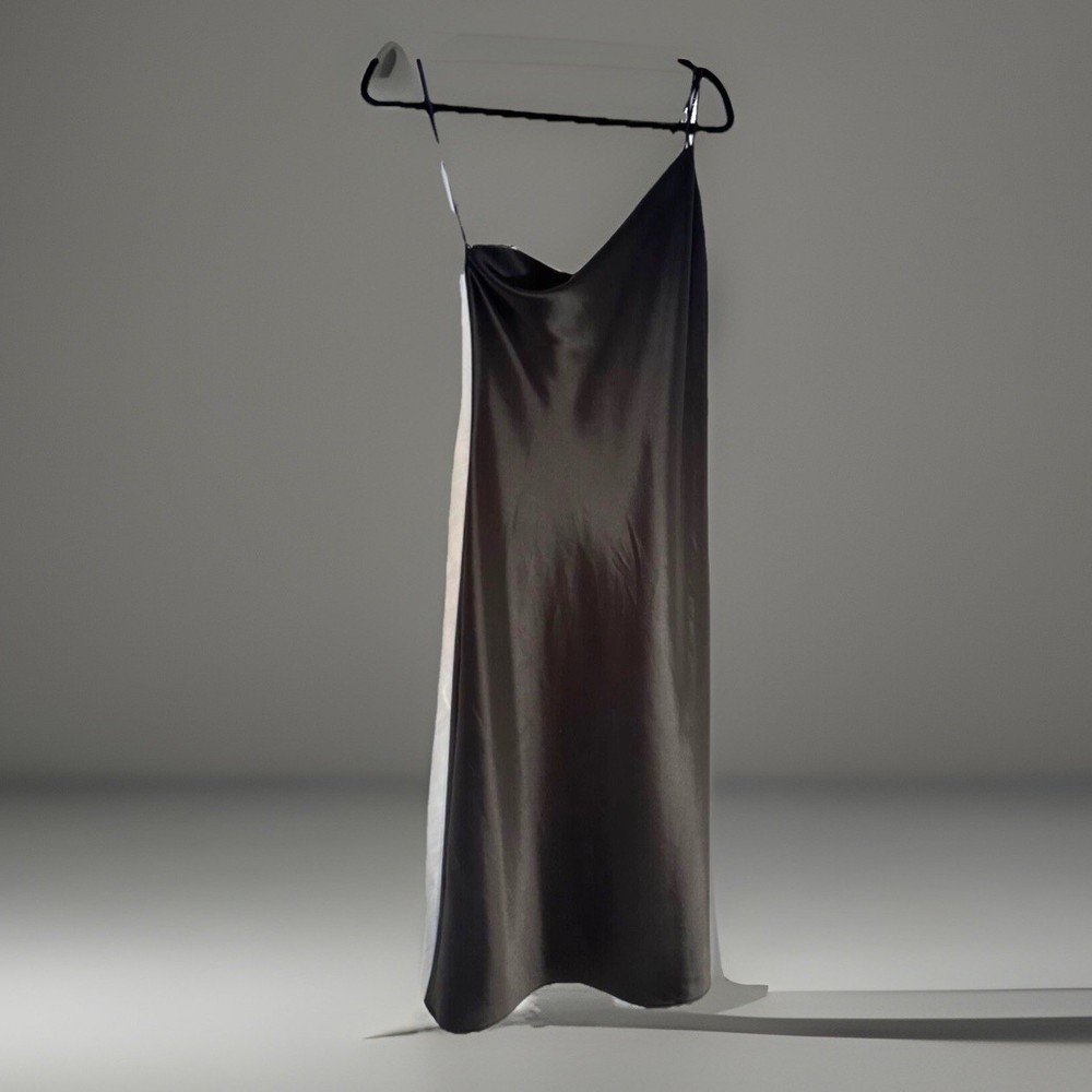 Mango Night Black Satin Elegant Midi Dress One Shoulder Asymmetrical Size 6