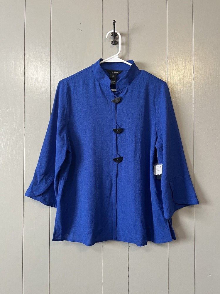 Ali Miles Royal Blue Artsy Style Tunic Blouse PM Mandarin Collar Lagenlook