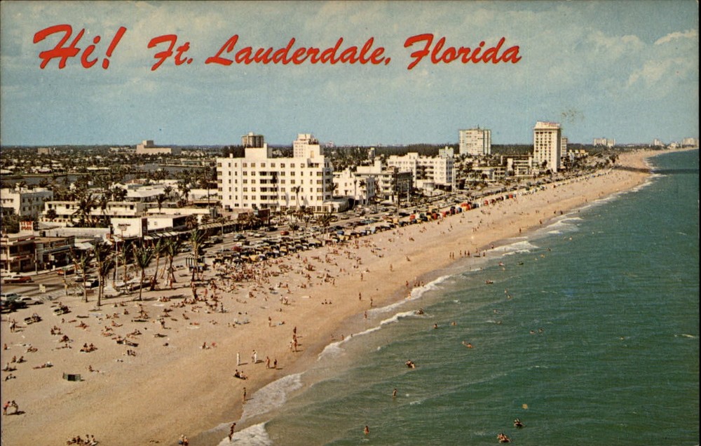 Hi from Ft Lauderdale Florida aerial view beach ~ 1950s-60s vintage postcard