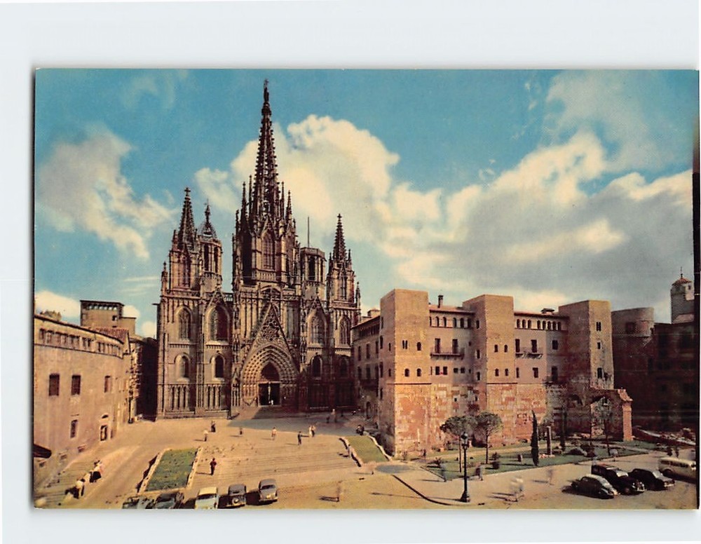 Postcard Cathedral and Roman ramparts Barcelona Spain