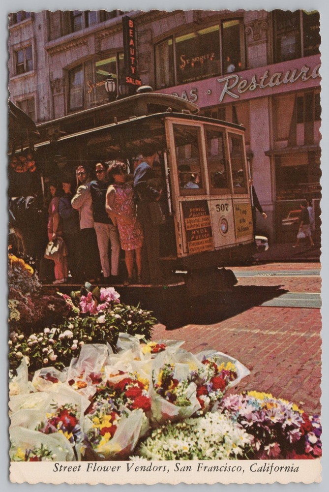 San Francisco California~Street Flower Vendors~Cable Car~Continental Postcard