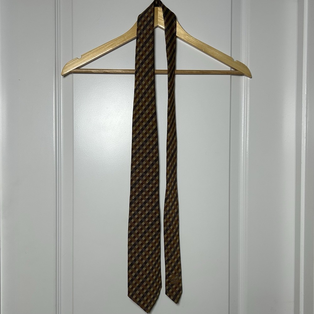 Hermès Paris Vintage 100% Silk Made in France Brown Gold Geometric Woven Tie