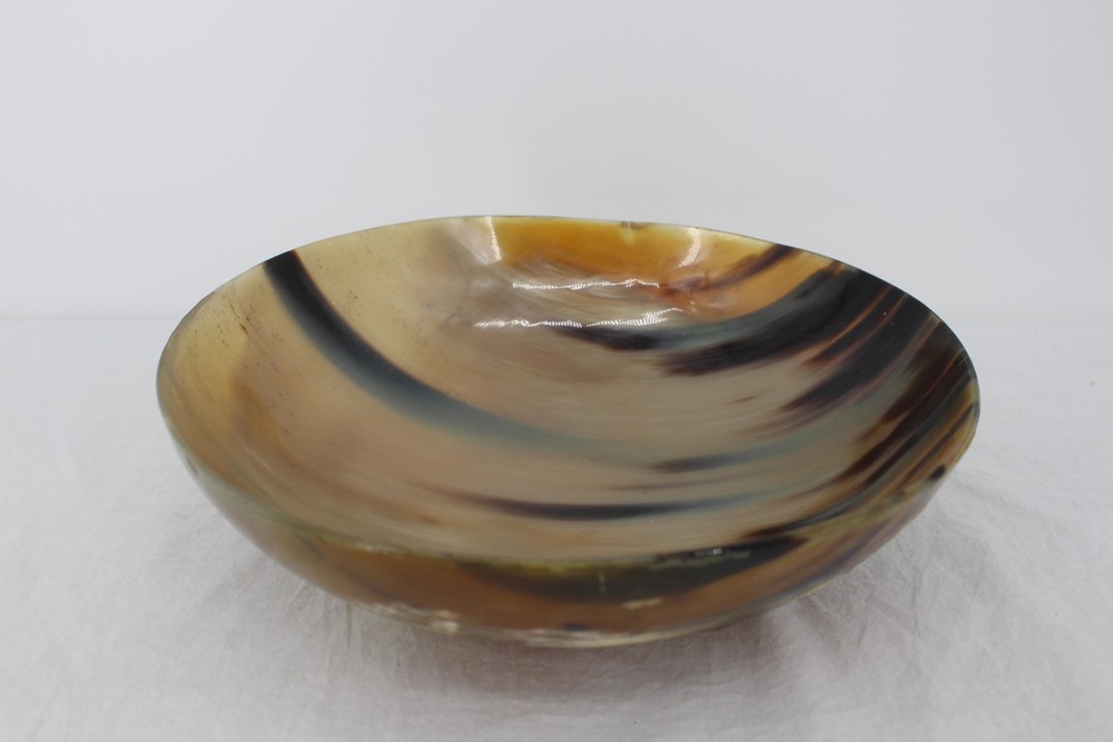 Unmarked Brown Buffalo Horn Carved Serving Bowl Round Abstract Country Decor-image