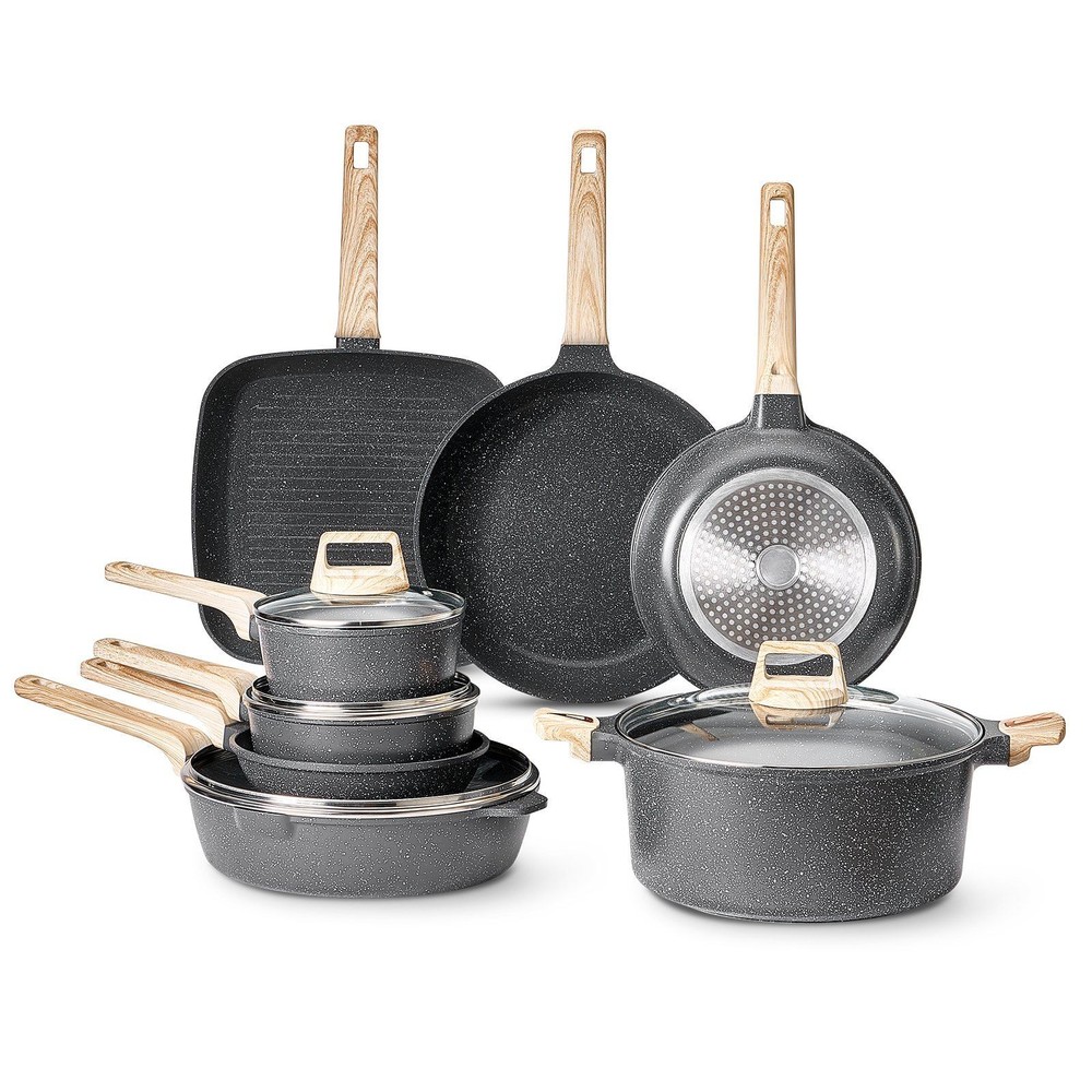 19PC Nonstick Granite Pots & Pans Set with Glass Lids for All Stovetops