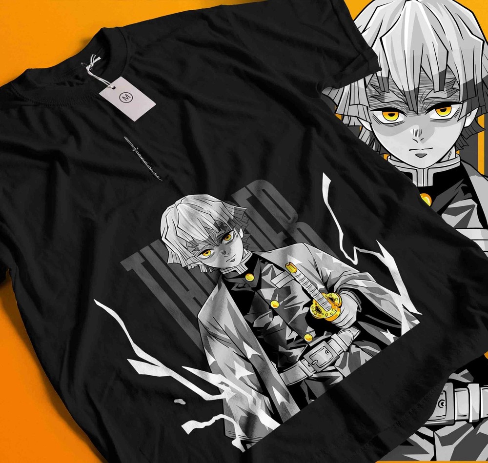 Anime Zenitsu T-Shirt Demon Slayer Kimetsu No Yaiba Black Size S - 5XL
