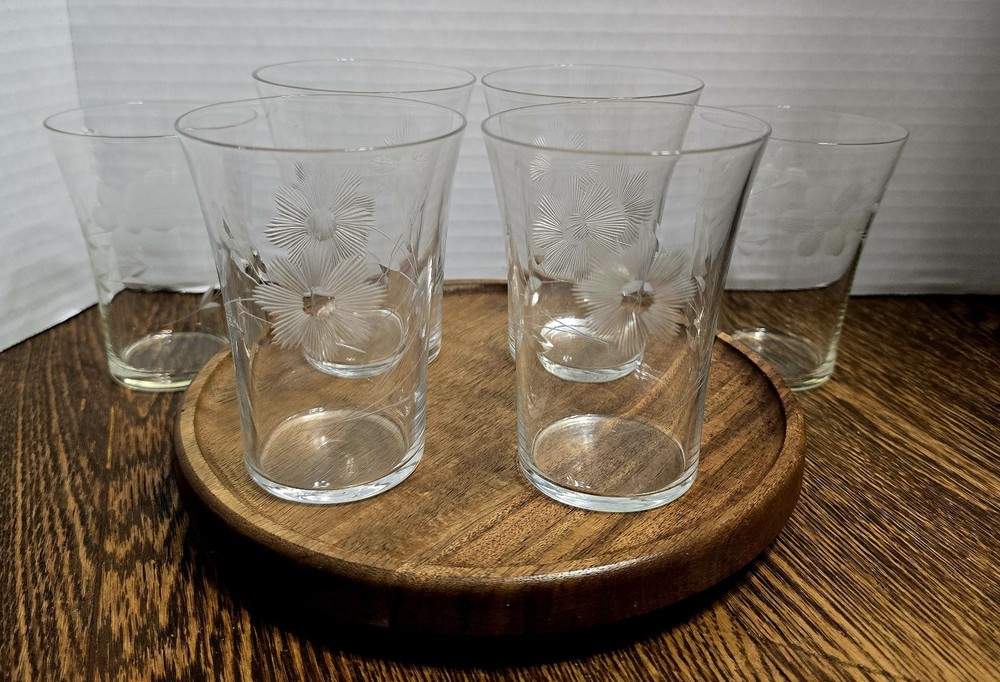 Set Of 6 VTG Etched Glass MCM 8 Oz Juice Glasses Collectible Barware Tumblers
