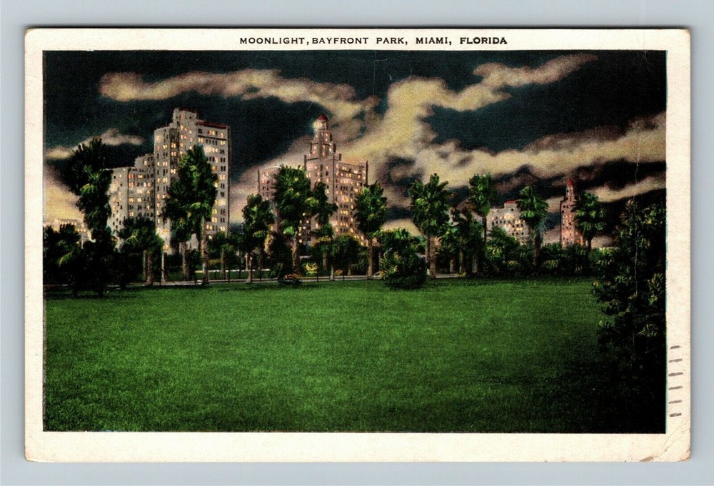 Miami FL-Florida, Moonlight, Bayfront Park Vintage Souvenir Postcard