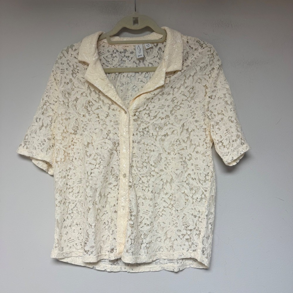 Joie Lace Blouse Womens Medium Cream Excellent Short Sleeve Button Front Floral
