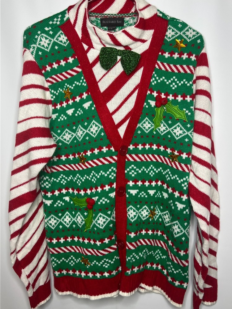 Blizzard Bay Men's Ugly Christmas Sweater Large Green Red White Candy Cane Bow H