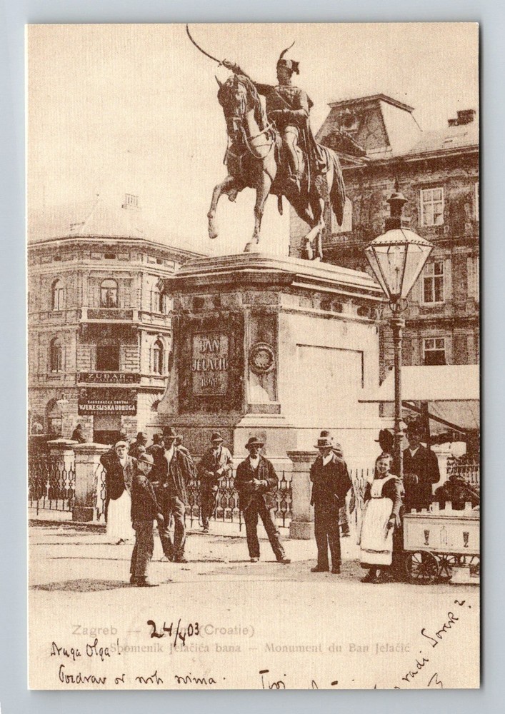 Croatia- Zagreb Towns People At Statue Of Ban Josip Jelacica PC Vintage Postcard
