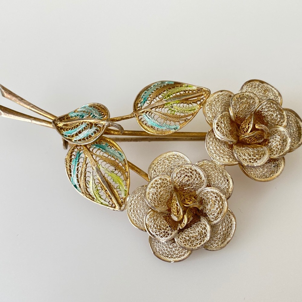 Vintage 800 Silver Ornate Intricate Filigree Enameled Leaves Flower Brooch Pin