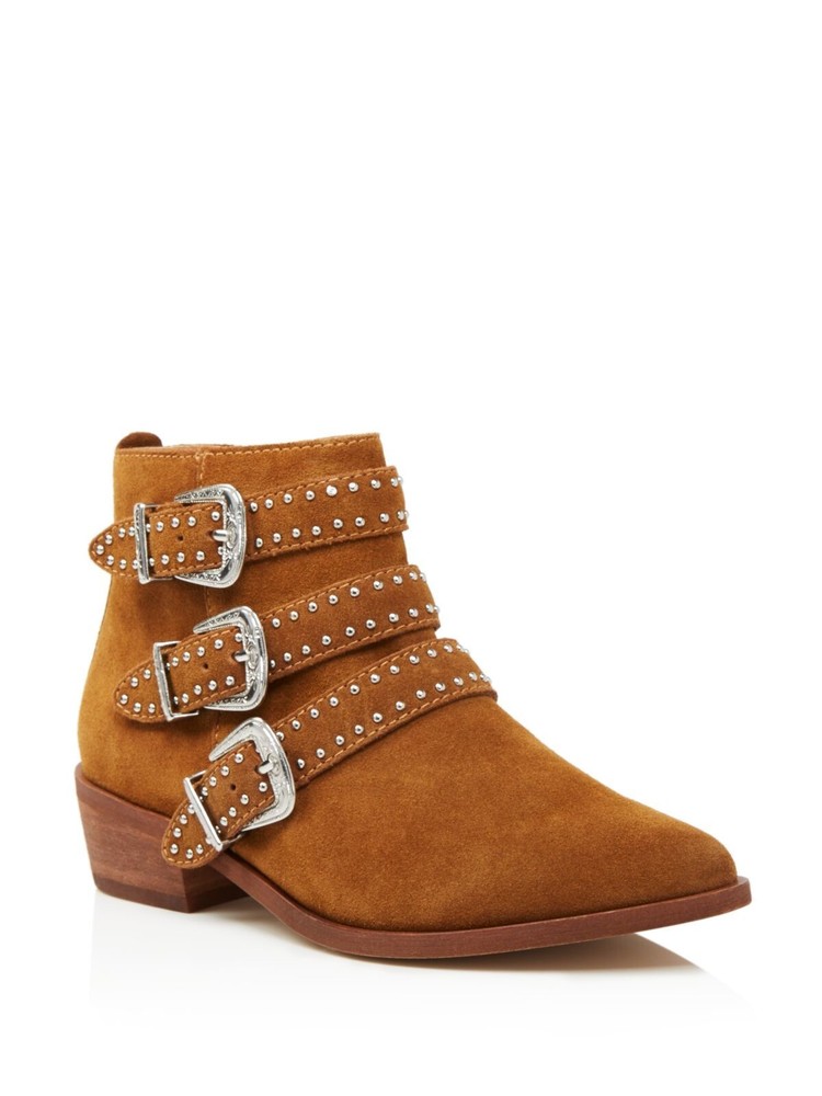 AQUA Womens Brown Leather Studded Blane Booties Block Heel Almond Toe Size 8.5 M
