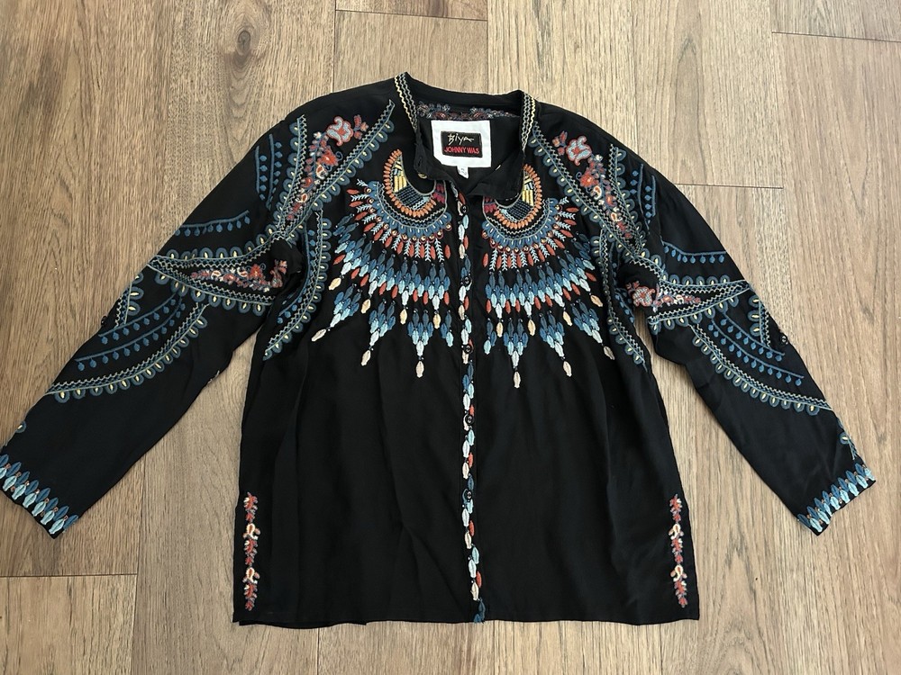 Biya Johnny Was Blouse Womens PS Petite Small Black Silk Embroidered Top Shirt