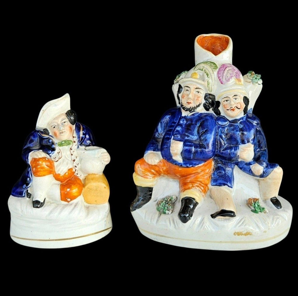 Antique Pair 19thC Staffordshire Pottery Figurative Toby Sprill Vase Pen Holders