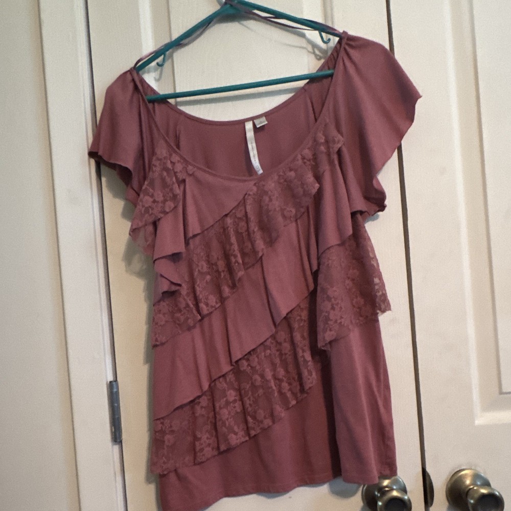 LC Lauren Conrad Pink Solid Knit Lace Ruffle Flutter Sleeve Scoop Neck Top S