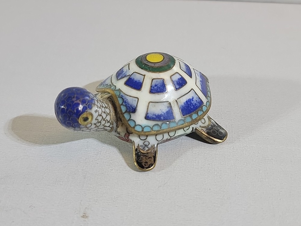 Vintage Cloisonne Enameled Turtle Trinket Box Miniature