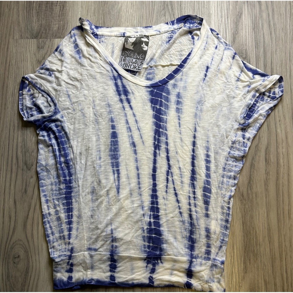 Young Fabulous & Broke Tie Dye V Neck T Shirt Top Blue White y2k Small