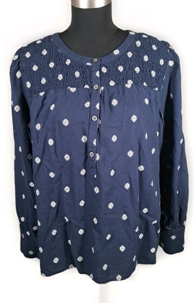 LOFT Womens Navy Blue Smocked Floral Print Long Sleeve Button Front Blouse XL