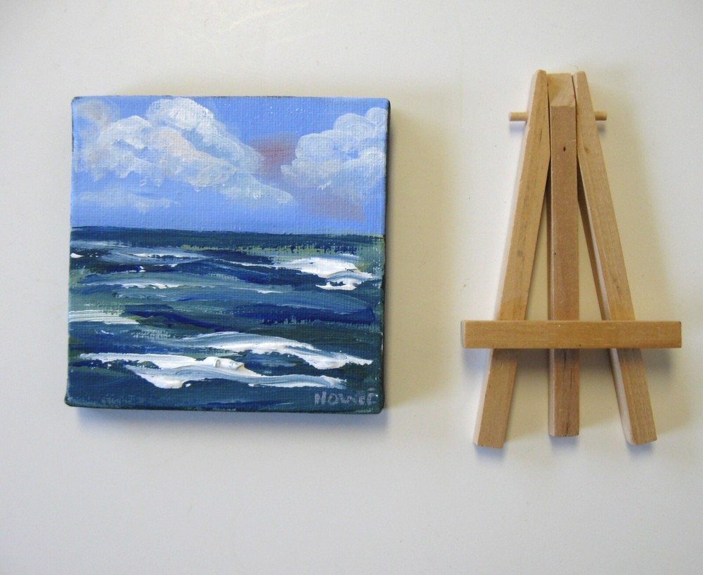 Tiny 4x4 Seascape Abstract Painting on Canvas with Wood Easel OOAK-image